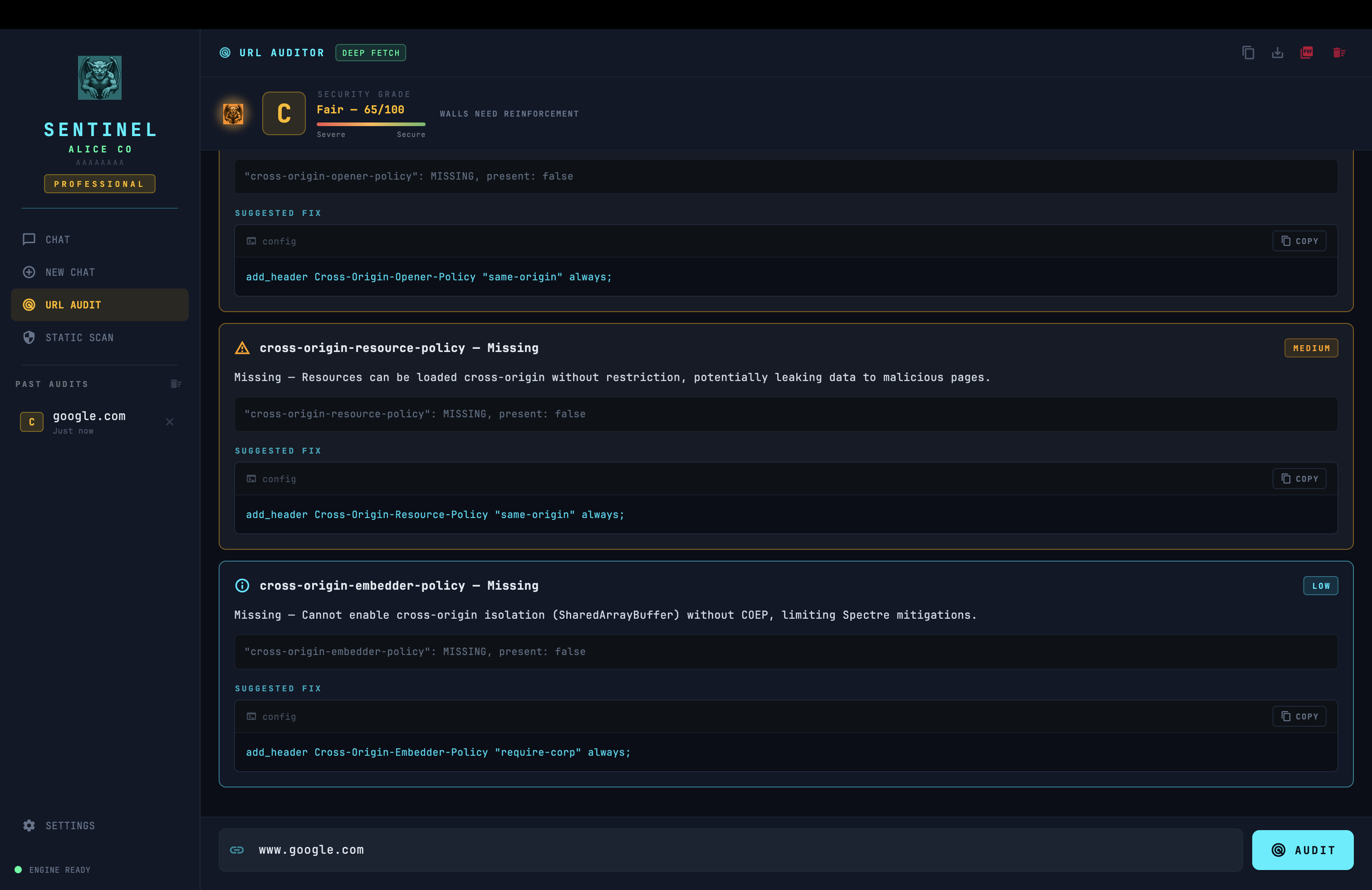 Sentinel AI's URL Auditor scanning a site — a Fair 65/100 security grade with missing cross-origin headers flagged and copy-ready suggested fixes.